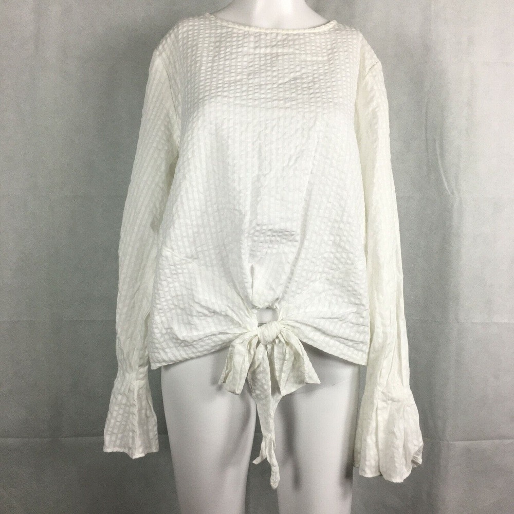 NWT H&M Shirt Womens Sz 12‎ White Striped Tie Hem Long Bell Sleeve Top